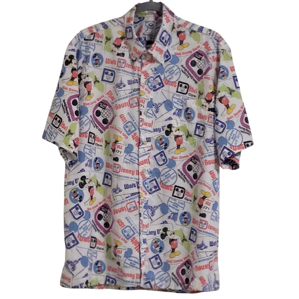 Reyn Spooner Disney World 50th Anniversary Camp Shirt Men Large White Mickey AOP